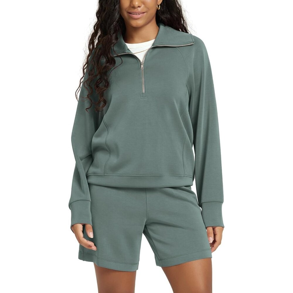 Women's Slate Green Modal Soft Half-Zip Sweatshirts for Long Sleeve Relaxed Fit